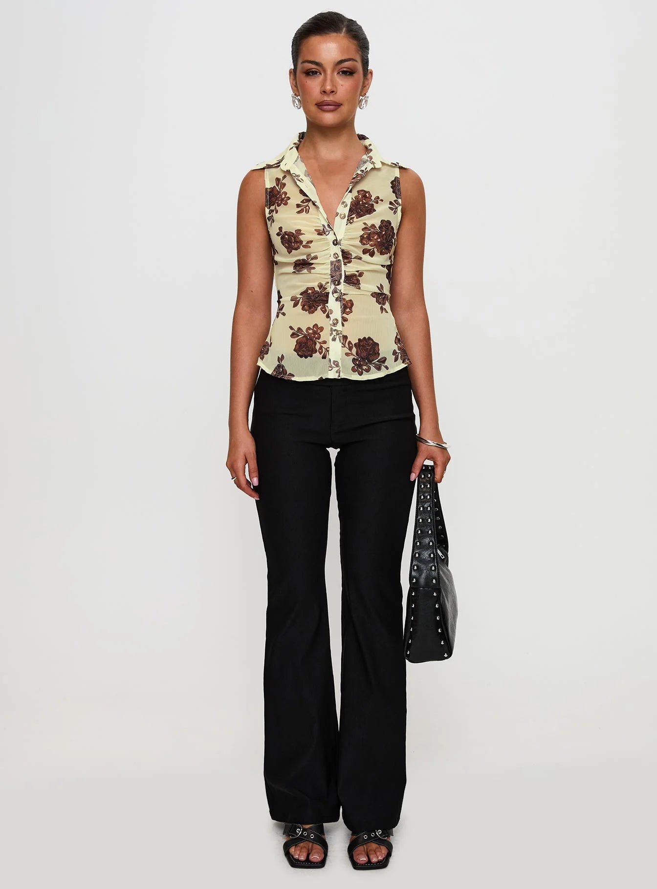 Present Tense Sheer Ruched Top Yellow Floral